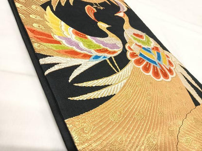 平和屋着物◎六通柄袋帯　唐織　孔雀文　黒地　金銀糸　正絹　逸品　AABI5442yx