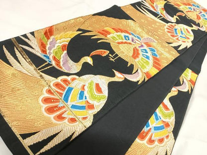 平和屋着物◎六通柄袋帯　唐織　孔雀文　黒地　金銀糸　正絹　逸品　AABI5442yx