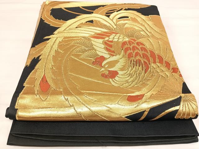 平和屋着物◎西陣　田中義織物謹製　六通柄袋帯　扇面鳳凰文　黒地　金糸　AABI5447yx