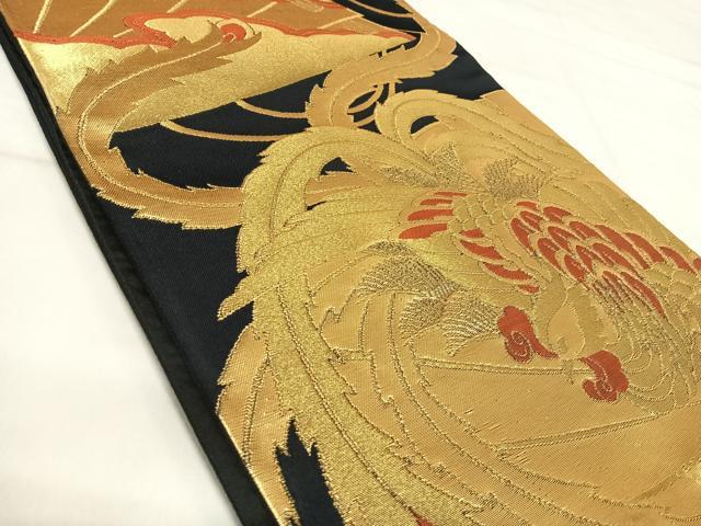 平和屋着物◎西陣　田中義織物謹製　六通柄袋帯　扇面鳳凰文　黒地　金糸　AABI5447yx