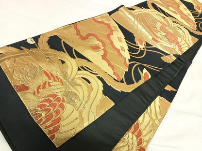 平和屋着物◎西陣　田中義織物謹製　六通柄袋帯　扇面鳳凰文　黒地　金糸　AABI5447yx