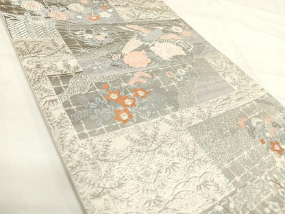 平和屋着物◎六通柄袋帯　唐織　花鳥文　銀糸　正絹　逸品　AABI5459yx