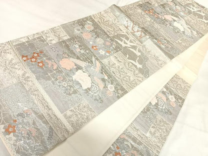 平和屋着物◎六通柄袋帯　唐織　花鳥文　銀糸　正絹　逸品　AABI5459yx