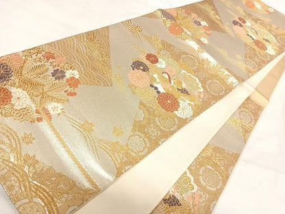 平和屋着物◎六通柄袋帯　唐織　鴛鴦花文　金銀糸　正絹　逸品　AABI5461yx