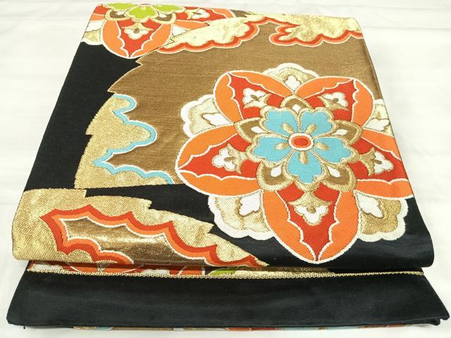 平和屋着物◎六通柄袋帯　唐織　正倉院花文　黒地　金糸　正絹　逸品　AABI5464yx
