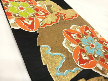 平和屋着物◎六通柄袋帯　唐織　正倉院花文　黒地　金糸　正絹　逸品　AABI5464yx