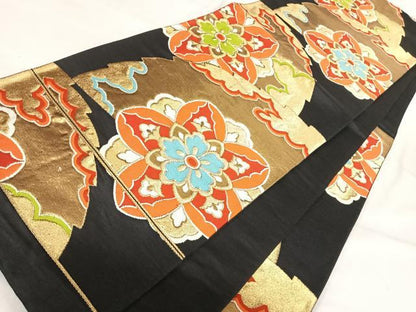 平和屋着物◎六通柄袋帯　唐織　正倉院花文　黒地　金糸　正絹　逸品　AABI5464yx