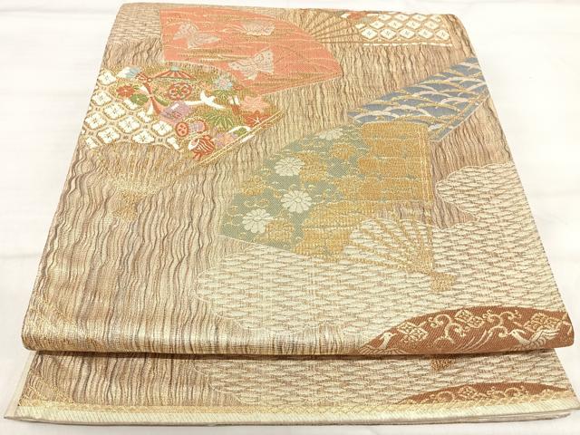 平和屋着物◎六通柄袋帯　唐織　扇面吉祥鳳凰花蝶文　金糸　正絹　逸品　AABI5465yx