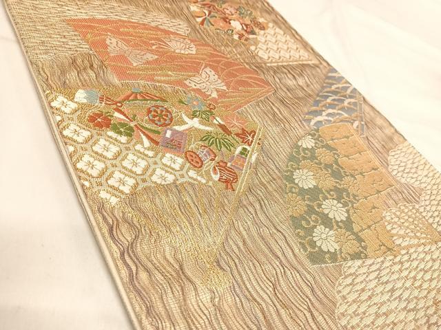 平和屋着物◎六通柄袋帯　唐織　扇面吉祥鳳凰花蝶文　金糸　正絹　逸品　AABI5465yx