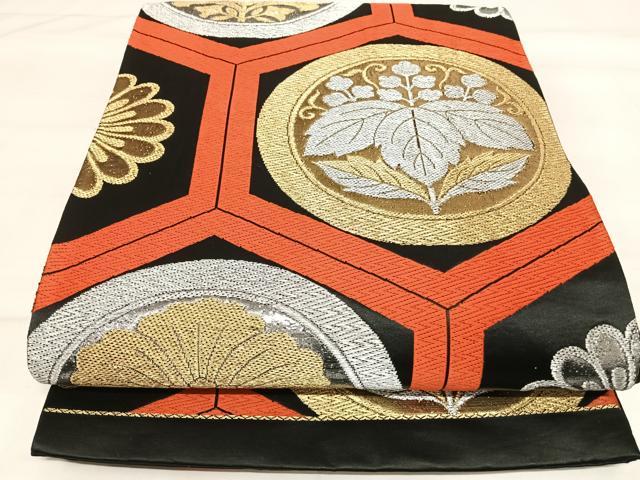 平和屋着物◎六通柄袋帯　唐織　亀甲花文　黒地　金銀糸　正絹　逸品　AABI5466yx