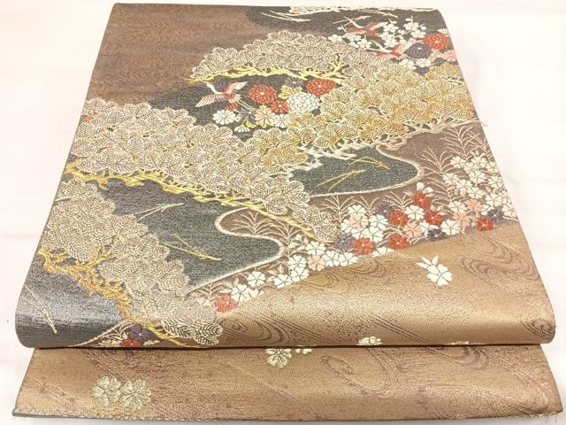 平和屋着物◎太鼓柄袋帯　飛鶴花松文　金糸　正絹　逸品　AABI5469yx