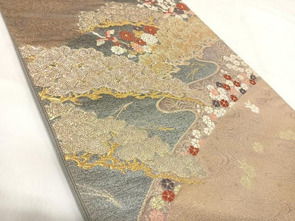 平和屋着物◎太鼓柄袋帯　飛鶴花松文　金糸　正絹　逸品　AABI5469yx