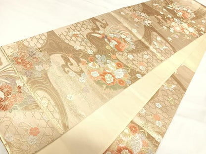 平和屋着物◎六通柄袋帯　唐織　鴛鴦花文　鳳凰　金銀糸　正絹　逸品　AABI5470yx