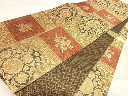 平和屋着物◎佐賀錦　六通柄袋帯　更紗花文　金糸　正絹　逸品　AABI5472yx