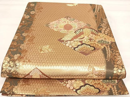 平和屋着物◎六通柄袋帯　飛鶴草花文　舞蝶　金銀糸　正絹　逸品　AABI5473yx