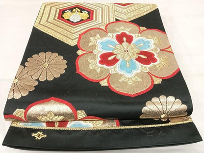 平和屋着物◎西陣　六通柄袋帯　唐織　正倉院花文　黒地　金銀糸　正絹　逸品　AABI5476yx