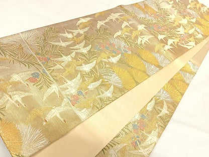 平和屋着物◎六通柄袋帯　飛鶴梅松文　金銀糸　正絹　逸品　AABI5479yx