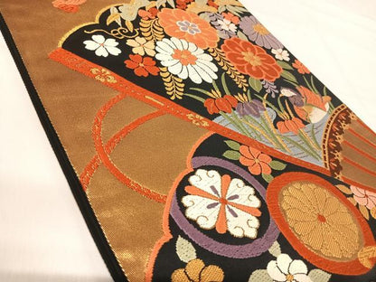 平和屋着物◎六通柄袋帯　唐織　扇面花文　金糸　正絹　逸品　AABI5483yx