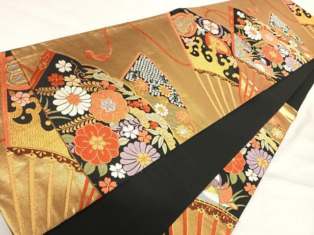 平和屋着物◎六通柄袋帯　唐織　扇面花文　金糸　正絹　逸品　AABI5483yx