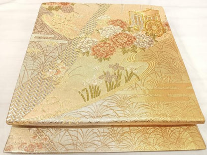 平和屋着物◎佐賀錦 六通柄袋帯 御所車花文 金銀糸 正絹 逸品 AABI5484yx