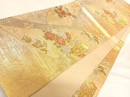 平和屋着物◎佐賀錦 六通柄袋帯 御所車花文 金銀糸 正絹 逸品 AABI5484yx