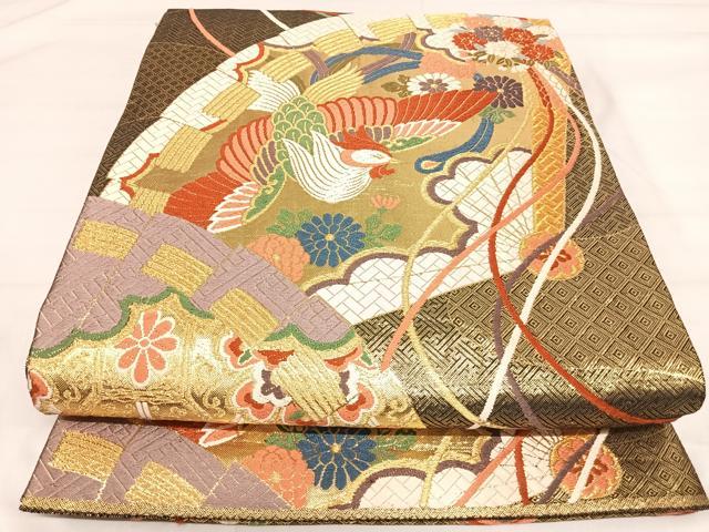 平和屋着物◎佐賀錦 六通柄袋帯 檜扇鳳凰花文 金糸 正絹 逸品 AABI5486yx