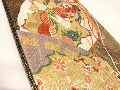 平和屋着物◎佐賀錦 六通柄袋帯 檜扇鳳凰花文 金糸 正絹 逸品 AABI5486yx