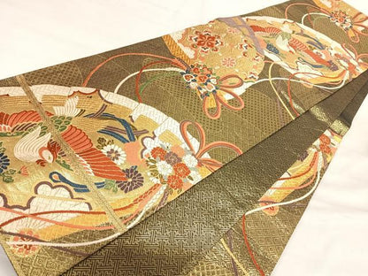 平和屋着物◎佐賀錦 六通柄袋帯 檜扇鳳凰花文 金糸 正絹 逸品 AABI5486yx
