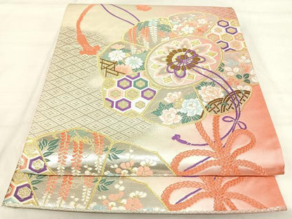 平和屋着物◎六通柄袋帯 唐織 鏡裏花文 金銀糸 正絹 逸品 AABI5497yx