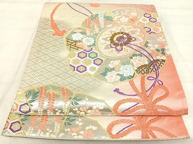 平和屋着物◎六通柄袋帯 唐織 鏡裏花文 金銀糸 正絹 逸品 AABI5497yx