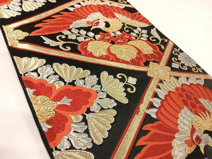 平和屋着物◎六通柄袋帯 唐織 鳳凰桐文 黒地 金銀糸 正絹 逸品 AABI5499yx