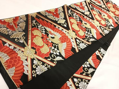 平和屋着物◎六通柄袋帯 唐織 鳳凰桐文 黒地 金銀糸 正絹 逸品 AABI5499yx