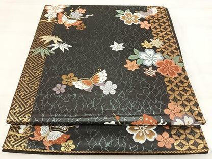 平和屋着物◎六通柄袋帯 唐織 花蝶文 金糸 正絹 逸品 AABI5501yx