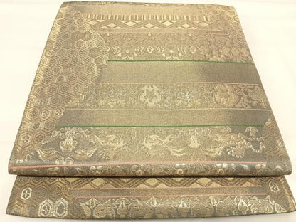 平和屋着物◎六通柄袋帯 横段更紗文 金糸 正絹 逸品 AABI5507yx