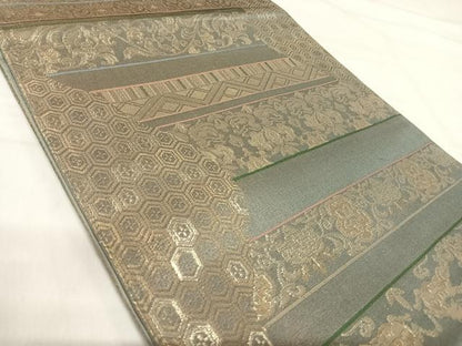 平和屋着物◎六通柄袋帯 横段更紗文 金糸 正絹 逸品 AABI5507yx