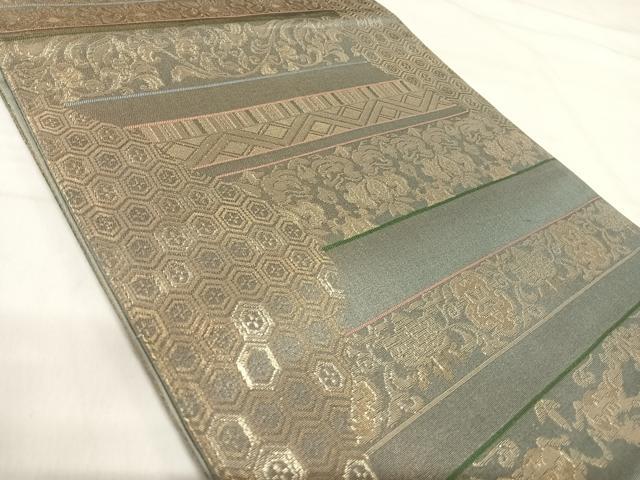 平和屋着物◎六通柄袋帯 横段更紗文 金糸 正絹 逸品 AABI5507yx