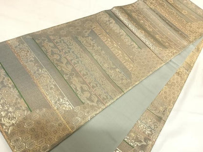 平和屋着物◎六通柄袋帯 横段更紗文 金糸 正絹 逸品 AABI5507yx