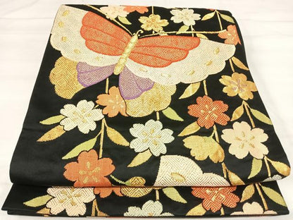 平和屋着物◎六通柄袋帯 舞蝶文 黒地 金糸 正絹 逸品 AABI5510yx