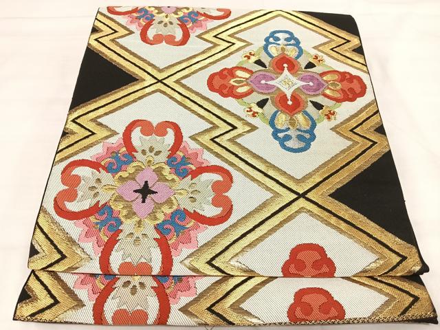 平和屋着物◎六通柄 本袋帯 松皮菱花文 黒地 金銀糸 正絹 逸品 AABI5513yx