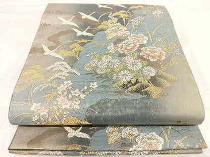 平和屋着物◎六通柄袋帯 道長花文 金糸 正絹 逸品 AABI5514yx