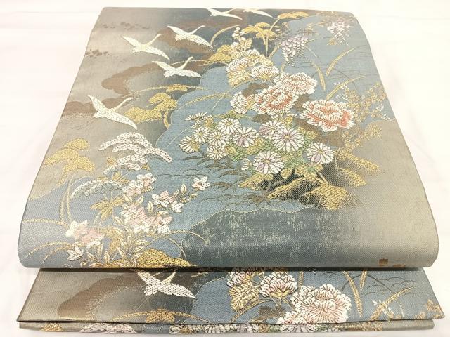 平和屋着物◎六通柄袋帯 道長花文 金糸 正絹 逸品 AABI5514yx