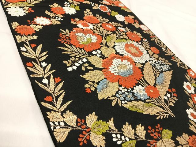 平和屋着物◎太鼓柄 京本袋帯 唐織 花尽くし 黒地 金糸 正絹 逸品 AABI5531yx