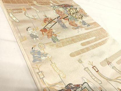 平和屋着物◎六通柄袋帯　人物風景文　金糸　正絹　逸品　AABI5538yx
