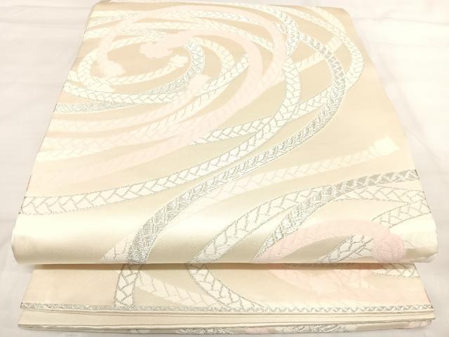 平和屋着物◎六通柄袋帯 唐織 束ね紐文 銀糸 正絹 逸品 AABI5539yx
