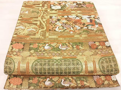 平和屋着物◎六通柄袋帯 唐織 花鳥文 金糸 正絹 逸品 AABI5542yx