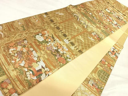 平和屋着物◎六通柄袋帯 唐織 花鳥文 金糸 正絹 逸品 AABI5542yx
