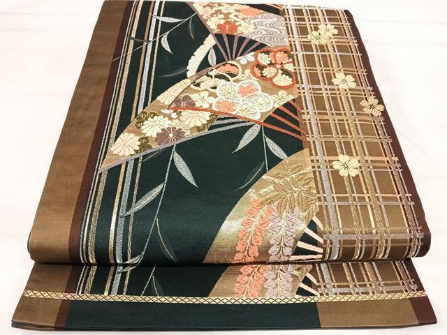 平和屋着物◎六通柄袋帯　唐織　扇花文　金銀糸　正絹　逸品　AABI5544yx