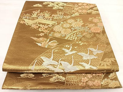 平和屋着物◎六通柄袋帯 唐織 地紙飛鶴花文 金糸 正絹 逸品 AABI5553yx