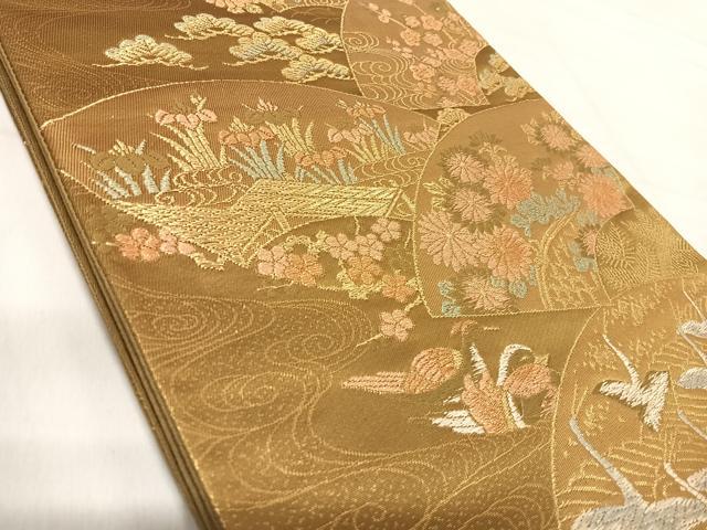 平和屋着物◎六通柄袋帯 唐織 地紙飛鶴花文 金糸 正絹 逸品 AABI5553yx