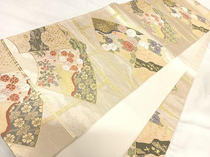 平和屋着物◎六通柄袋帯 唐織 地紙花文 金糸 正絹 逸品 AABI5556yx